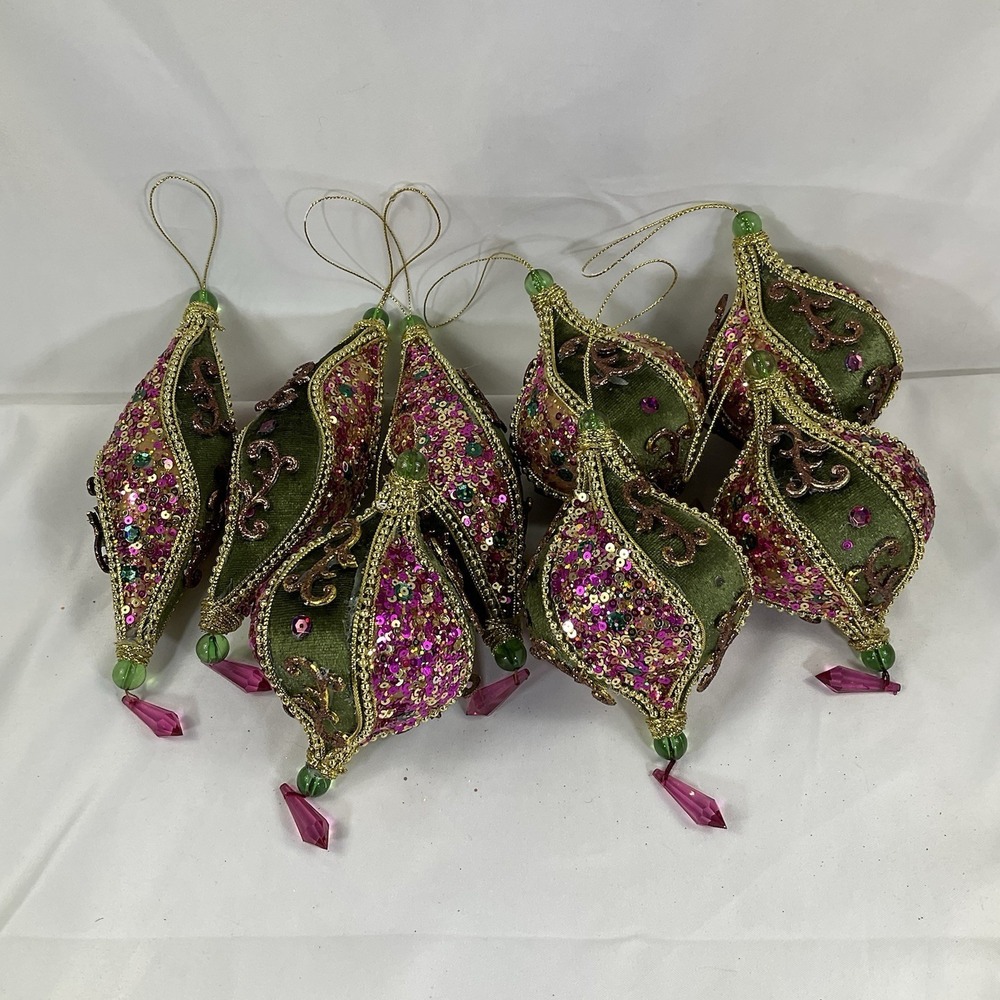 Vintage Inspired Green And Pink Sequined Set Of 7 Christmas Ornaments